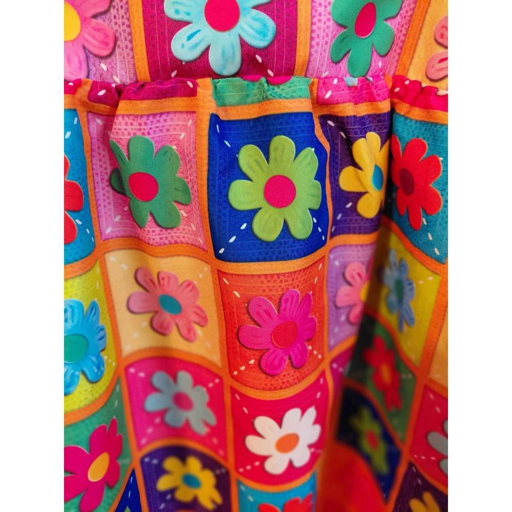 Vibrant Floral Patchwork Square Neck‎ Long Sleeve Blouse Top Colorful Retro - Picture 3 of 8